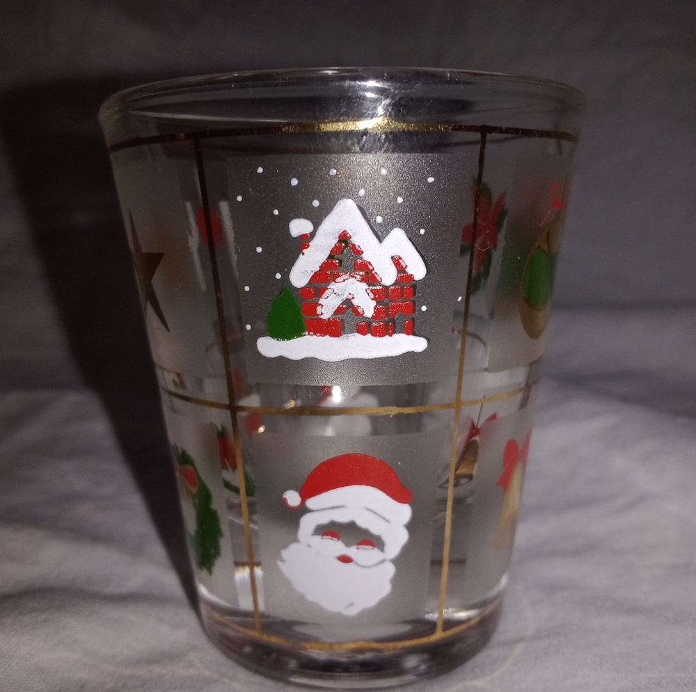 Vintage Libbey Christmas Shot Glass Santa Wreath Ornament Bell Snowman Snowflake